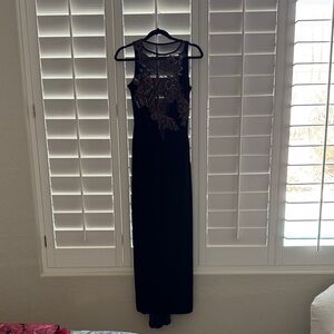 Chocolate brown Velvet feel Embroidered Mesh Yoke Evening Dress